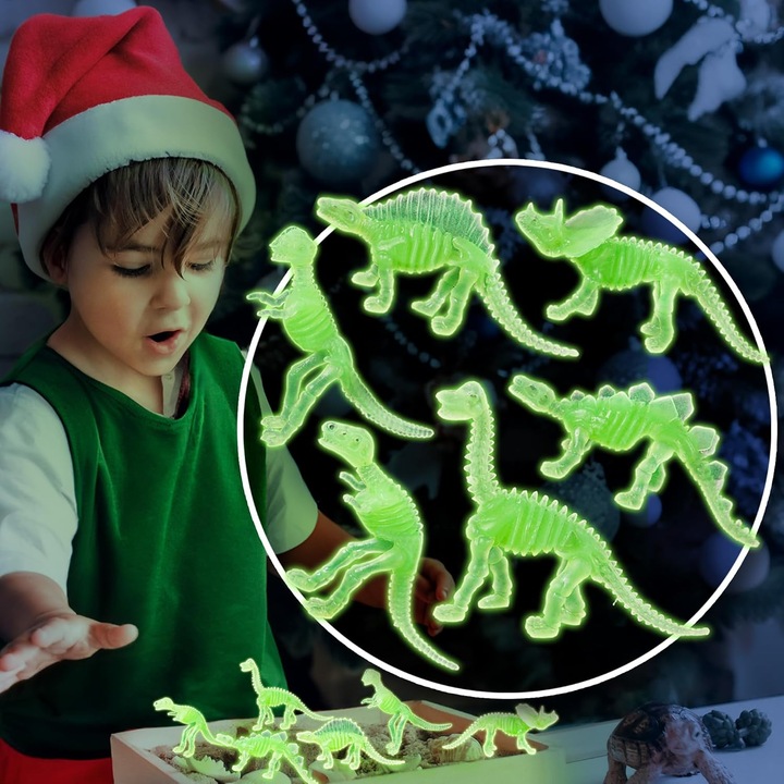 Set 12 jucării mini dinozaur, strălucitoare în întuneric, 6x9cm, verde