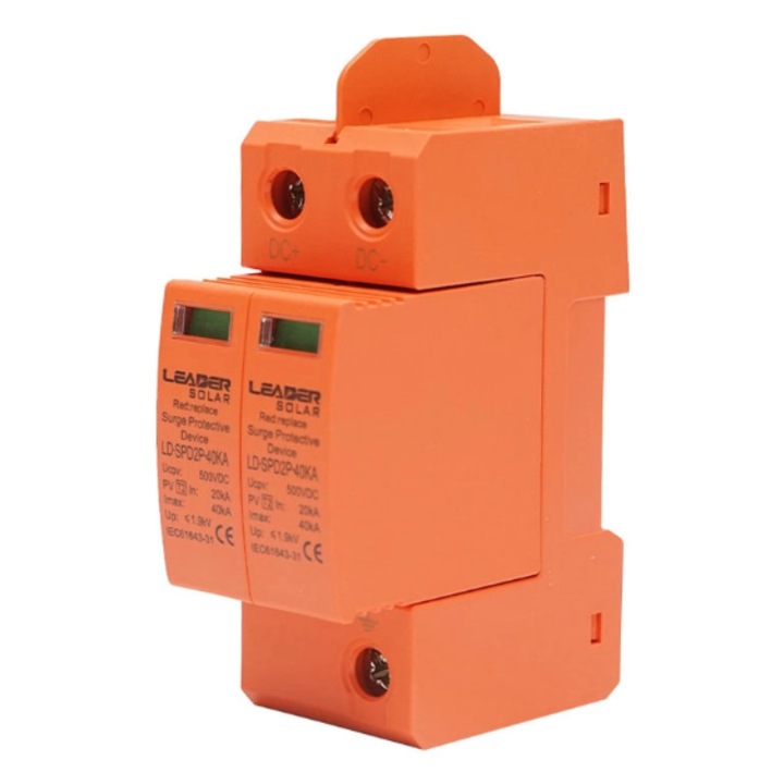Descarcator DC 500 V la supratensiune cu semnalizare pentru sisteme fotovoltaice LD-SPD-2P-40kA-500VDC
