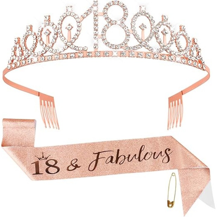 Set tiara și eșarfă din voal aurii roz pentru petrecerea de 18 ani