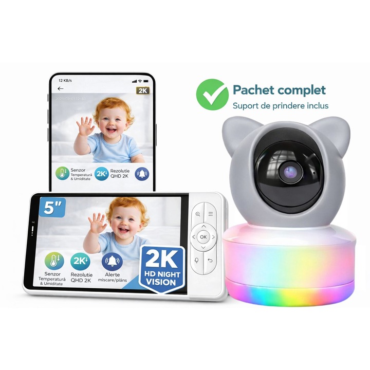 Baby Monitor LightSense Ambient WiFi/NO WiFi HelloKid™ Y6T SmartCare 2K HD Night Vision Avansat, Control Tableta + APP, Motion Tracking, Detectie Miscare, Zgomot, Temperatura, Umiditate, Zoom 4X, Protectie Anti-Hack, Sunete Calmante, SD si Cloud, Silver