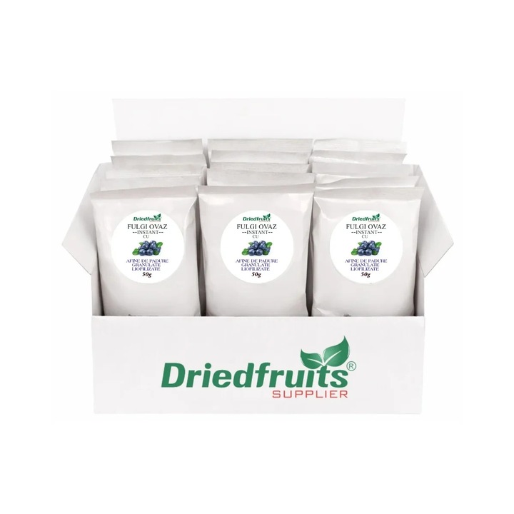Fulgi de ovaz instant cu afine de padure granulate liofilizate - 50 g (Pachet 12 + 3 Gratis)