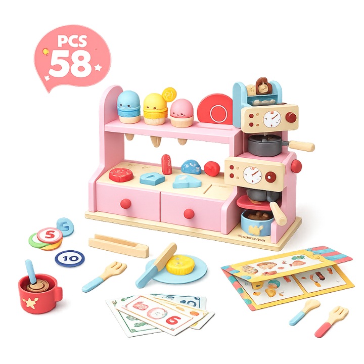 Tejghea de Cafea si Gelaterie din Lemn Mixbo, Roz, 58 piese, 2-in-1, 3ani+