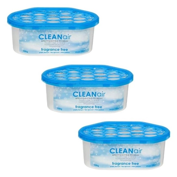 Set cu 3 dezumidificatoare pasive Clean-air, 100g, inodor, 1000ml dezumificare zilnică