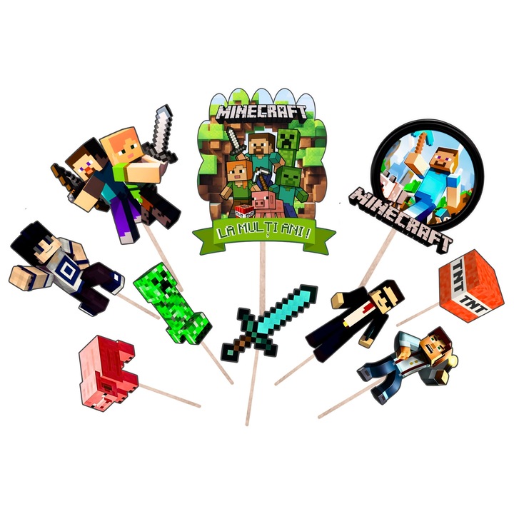 Topper Tort Minecraft – Carton Lucios, Set 10 buc 14–16 cm, Petrecere Copii