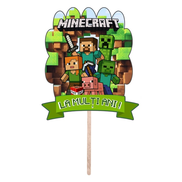 Topper Tort Minecraft – Carton Lucios, Set 10 buc 14–16 cm, Petrecere Copii