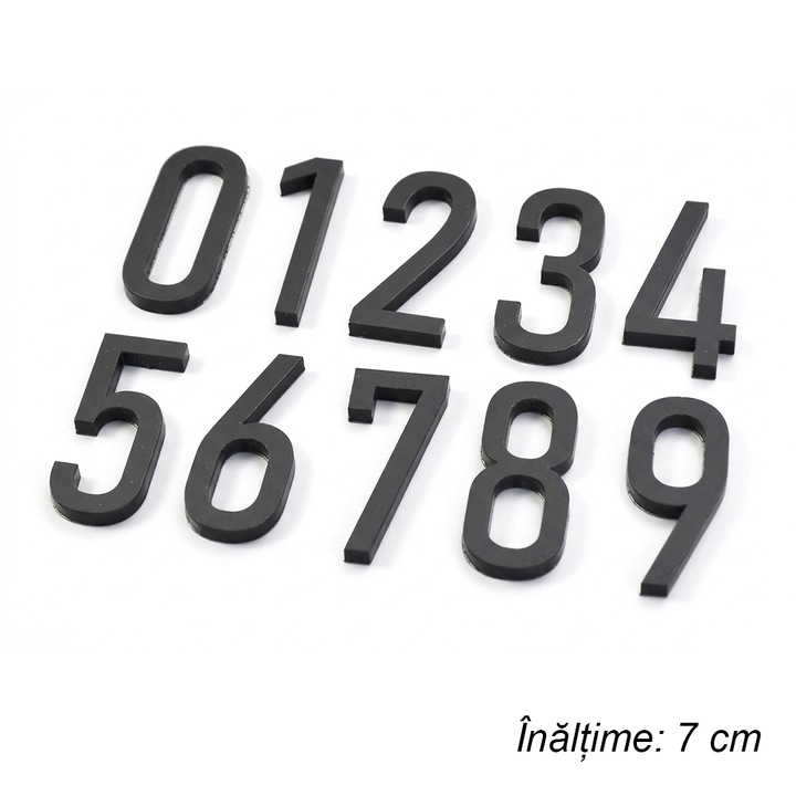 Numere autoadezive pentru usa 0-9, Design Geometric Modern, Font Sans Serif, Inaltime 7 cm, negru
