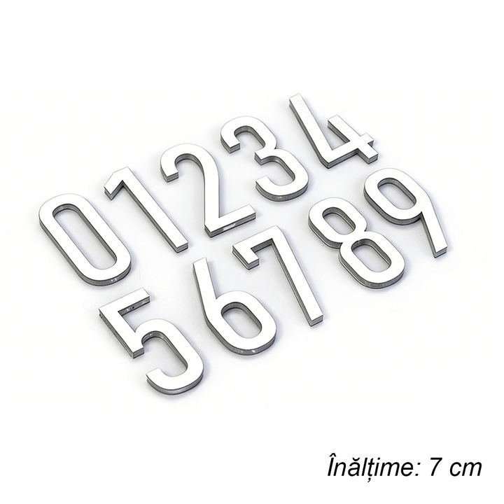 Numere autoadezive pentru usa 0-9, Design Geometric Modern, Font Sans Serif, Inaltime 7 cm, Argintiu