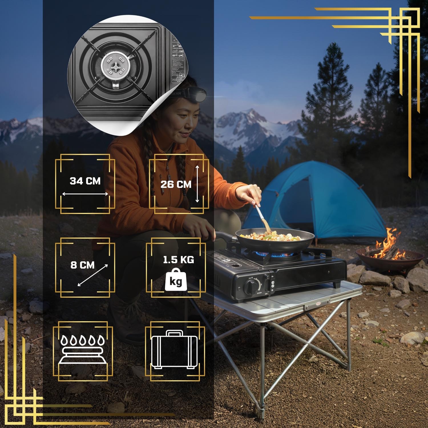 Aragaz Camping Portabil GALAXIA, dubla, Alimentare, Protectie