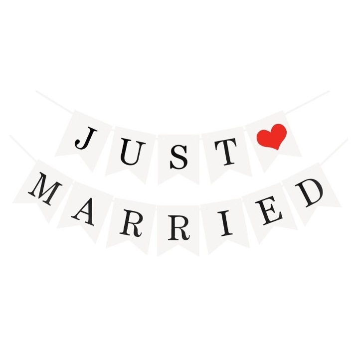 Dekoratív Banner, Just Married Modell, Esküvői Tematika, Fekete-Fehér