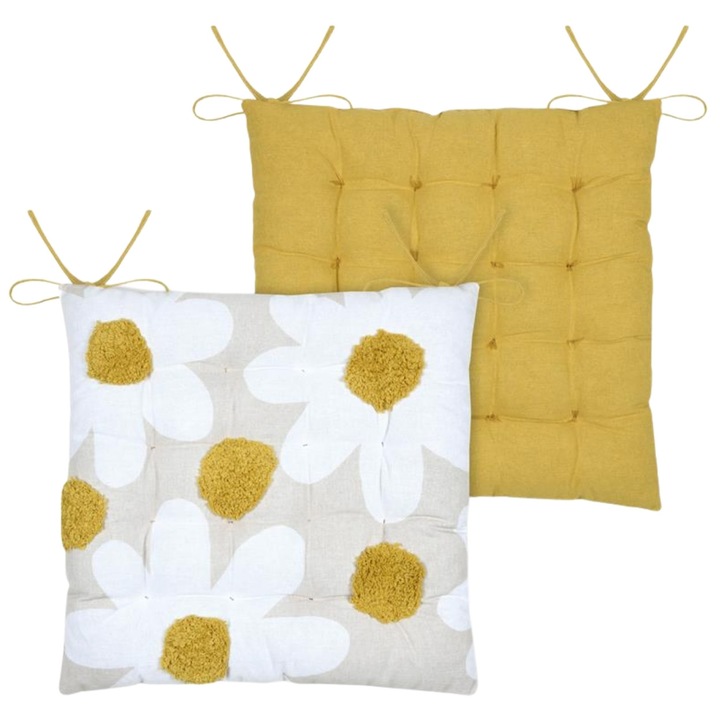 Perna Pentru Scaun Fata-Verso, STOF, Camille, Model Floral Cu Efect 3D Si Verso Galben, Suprafata Matlasata Pentru Confort Sporit, Fixare Cu Sireturi, Ideala Pentru Bucatarie Sau Terasa, Rezistenta UV, 38x38 cm, Galben/Multicolor