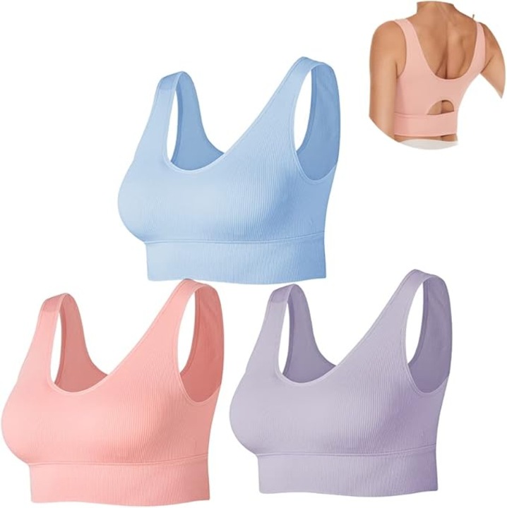 Set 3 bustiera sport dama, respirabila si confortabila, elasticitate buna, cupe detasabile, fitness/aerobic/yoga, Marime M, Albastru/Lila/Roz somon