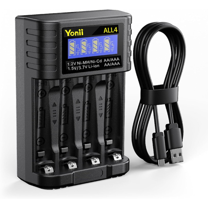 Incarcatoare universale AA si AAA, cu incarcare rapida de tip C, slot independent pentru baterii reincarcabile AA AAA Li-ion de 1, 5V/3, 7V, 1, 2 V Ni-MH/Ni-CD