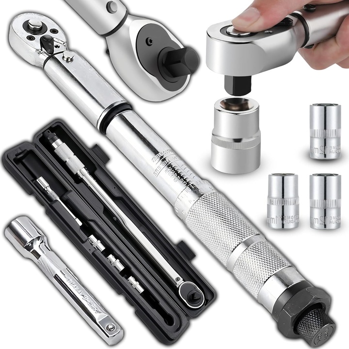 Cheie dinamometrica 1/2 inch cu set 3 tubulare 17 19 21 mm si prelungitor, trusa auto profesionala 28-210 nm, pentru roti si suruburi, in cutie transport