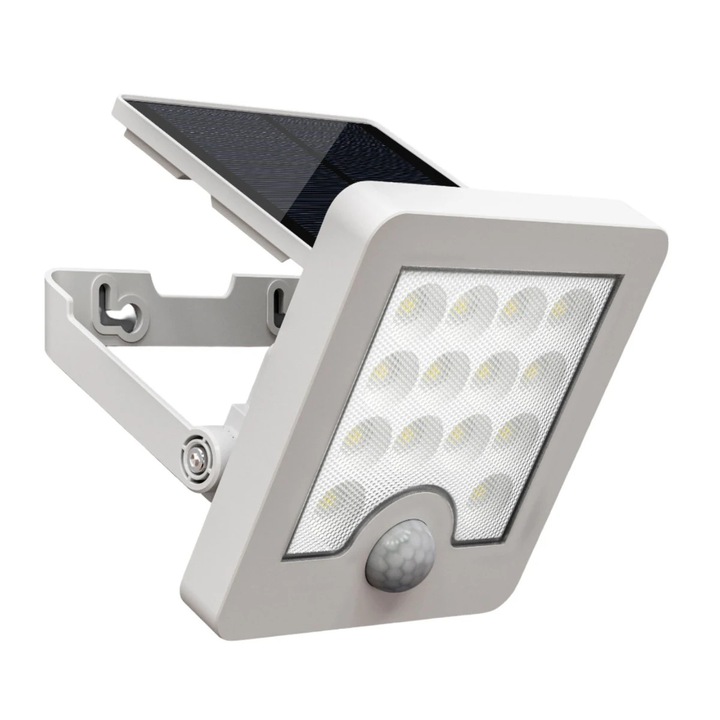 Proiector solar cu LED Hoff, 8 W, 500 lm, lumina rece, cu senzor de miscare, alb, IP65, exterior