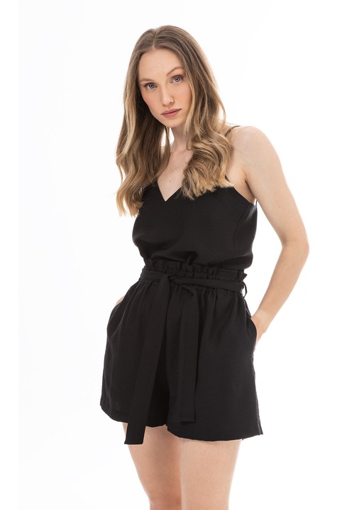 Top dama, awama, bretele subtiri, decolteu in V, negru, nylon