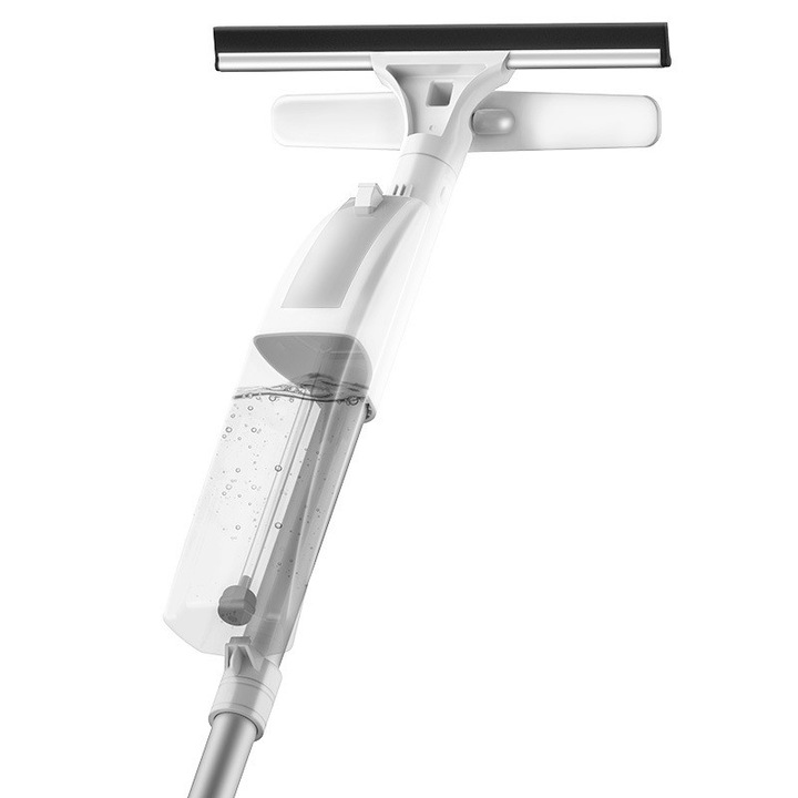 Stergator de Geamuri, cu Doua Fete, Tija Telescopica, cu Recipient de Lichid, Laveta din Microfibra, Racleta Silicon, 120 cm, Alb