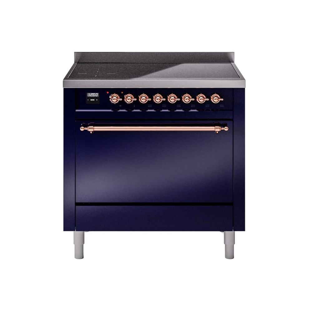 Aragaz pe inductie premium ILVE, Nostalgie, 90 cm, clasa A+, 6 zone de gatire, functie Bridge, cuptor electric 97 litri, design vintage, timer, usa cuptor cu 3 straturi de sticla, gatire ECO, dezghetare, 15 functii de gatire multiple, bleumarin/cupru