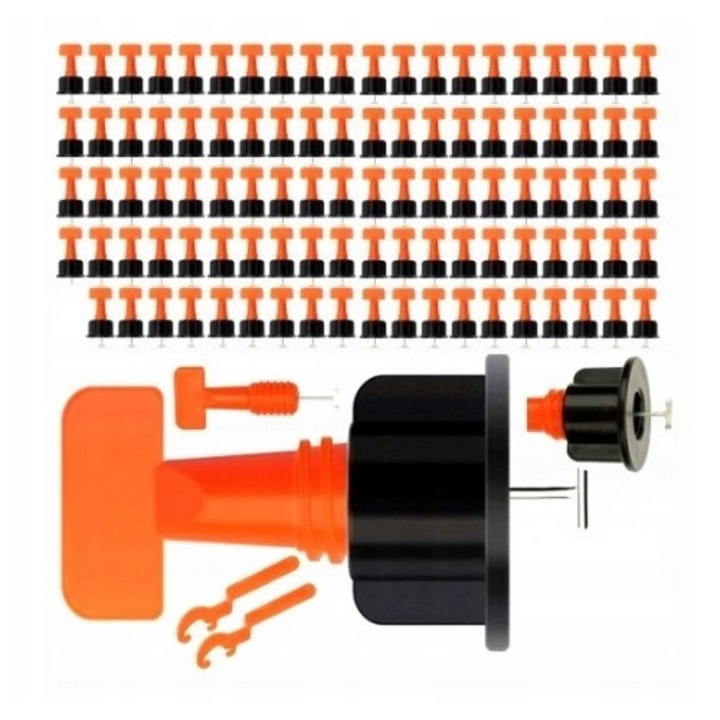 Kit de nivelare a placilor, AFF, Cenosaur, 150 de piese, 100 de cleme, 50 de stele, 2 chei, Multicolor, Setul include: 100 de cleme, 50 de stele/cruci, 2 chei de asamblare, Plastic, Reutilizabil, Usor de utilizat, Stabilizeaza