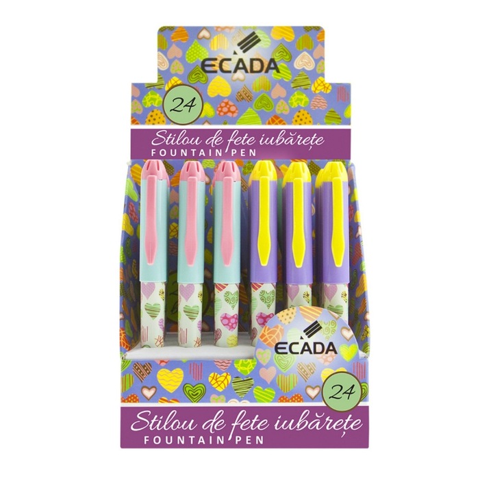 Set 24 stilouri cu penita ascunsa Ecada de fete iubarete, corp din plastic