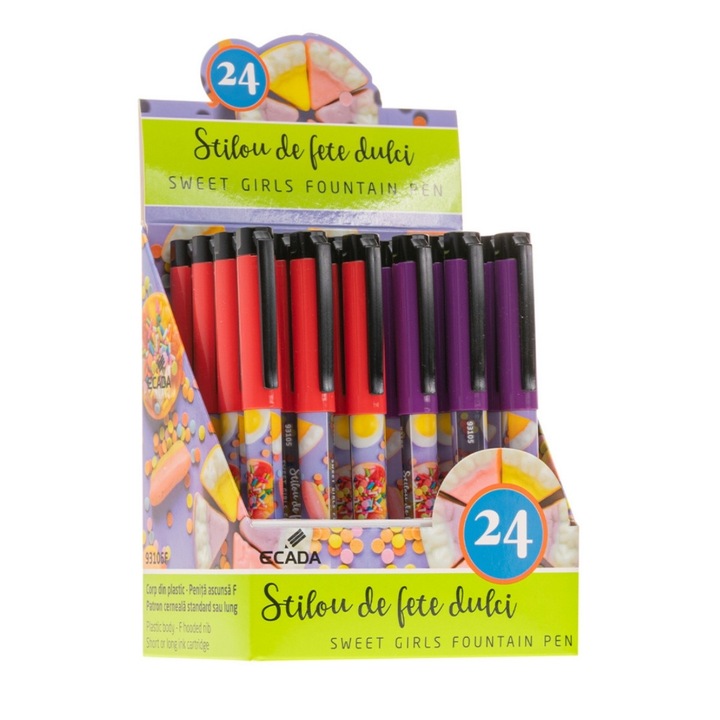 Set 24 stilouri cu penita ascunsa Ecada de fete dulci, corp din plastic