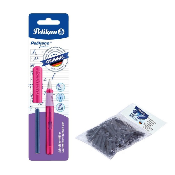Set stilou incepatori Pelikano Junior pentru dreptaci, blister, grip ergonomic, roz cu 20 rezerve cerneala Pelikan