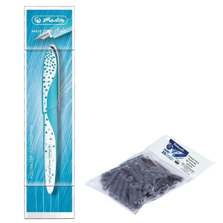 Set stilou Herlitz My.Pen Style, Frozen Glam cu 20 rezerve cerneala Pelikan