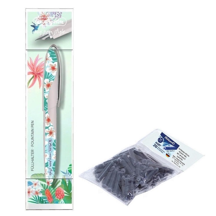 Set stilou Herlitz My.Pen Style, Lady Like Jungle cu 20 rezerve cerneala Pelikan