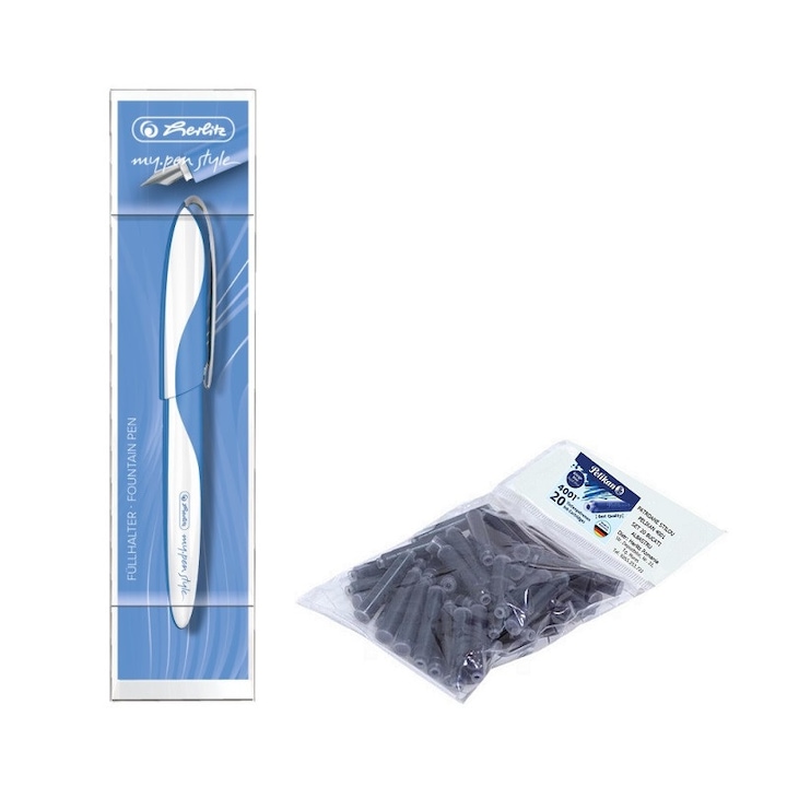 Set stilou Herlitz My.Pen Style, albastru baltic cu 20 rezerve cerneala Pelikan
