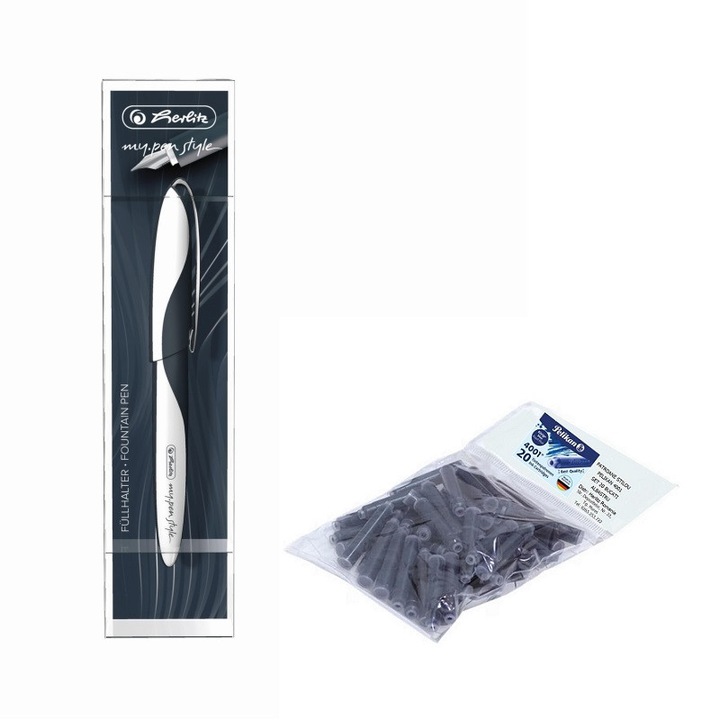 Set stilou Herlitz My.Pen Style, Dark Shale cu 20 rezerve cerneala Pelikan