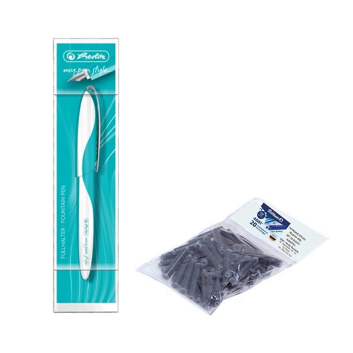 Set stilou Herlitz My.Pen Style, turcoaz cu 20 rezerve cerneala Pelikan