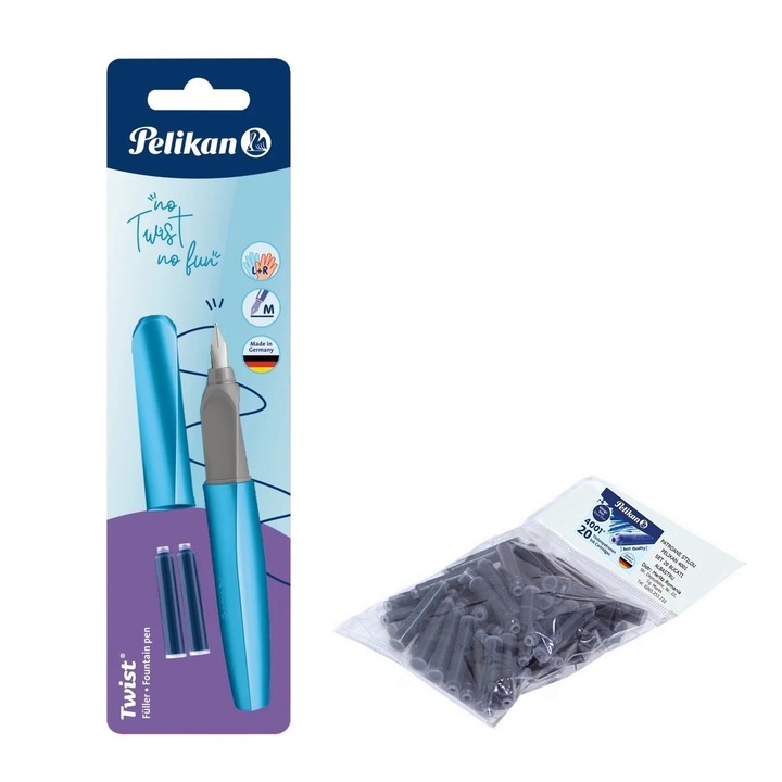 Set stilou Pelikan Twist albastru matuit, blister, penita M, cu 20 rezerve cerneala Pelikan