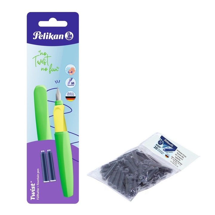 Set stilou Pelikan Twist verde neon, blister, penita M, cu 20 rezerve cerneala Pelikan