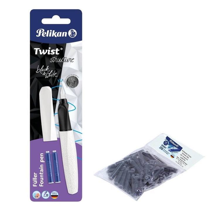 Set stilou Pelikan Twist Structure alb, blister, penita M, cu 20 rezerve cerneala Pelikan