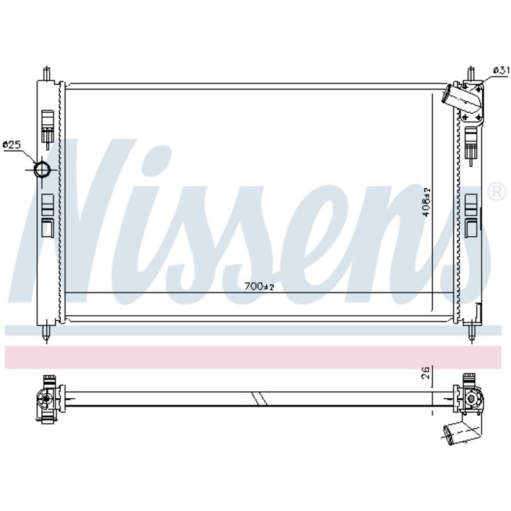 NISSENS 700x408x26mm motorhűtő radiátor, alumínium, műanyag