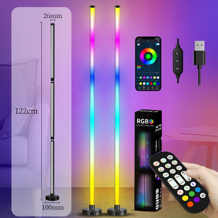 Лампа RGB Smart RGBICW LED, комплект 2 броя, 16 милиона цвята, управление чрез приложение и дистанционно, многоцветна
