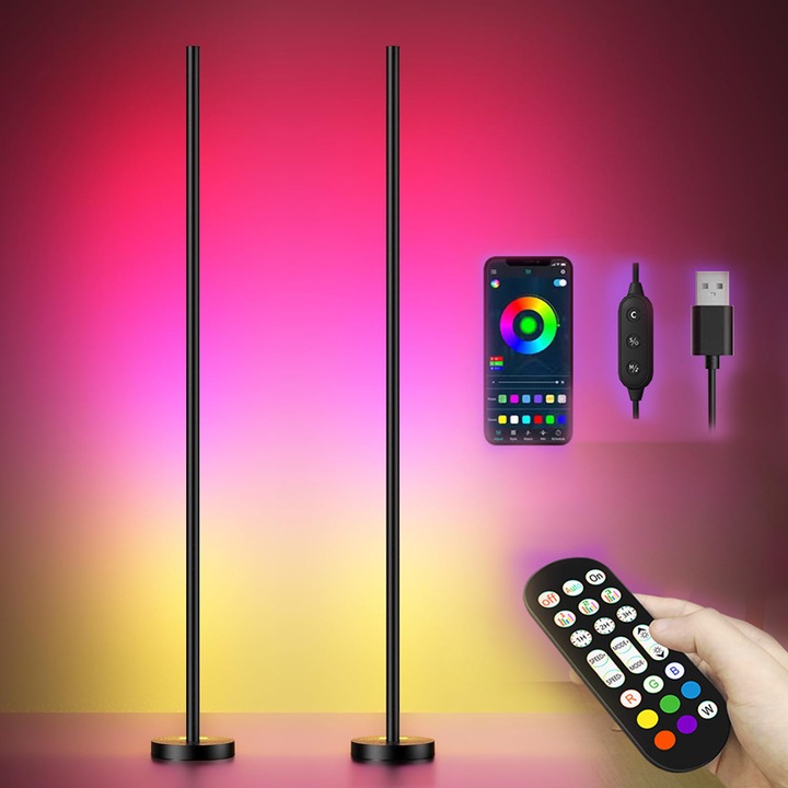 Lampadar RGB Smart RGBICW LED, set 2 buc, 16 milioane culori, control prin aplicatie si telecomanda, multicolor