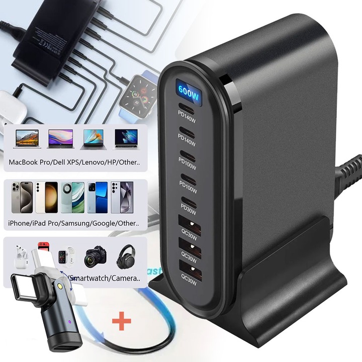 Excitat® Statie de incarcare desktop GaN 8 porturi, 600W marcare serie, max 155W total, USB-C PD max 140W per port, 5x USB-C si 3x USB-A, afisaj LED putere, adaptor Type-C 180° rotativ inclus, negru