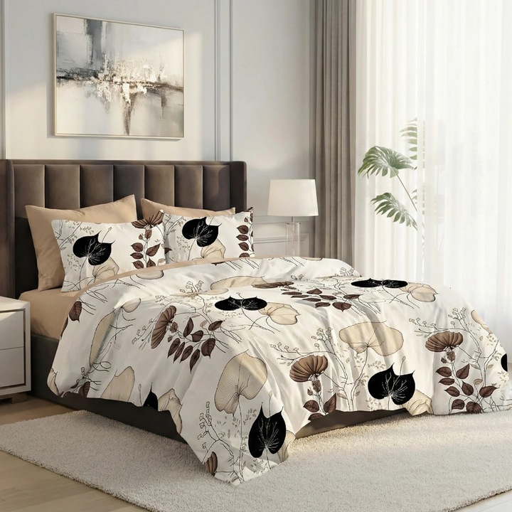 ELVO Economy kétszemélyes ágynemű 6 részes, levelek, fehér/bézs LEE24 Ralex Pucioasa