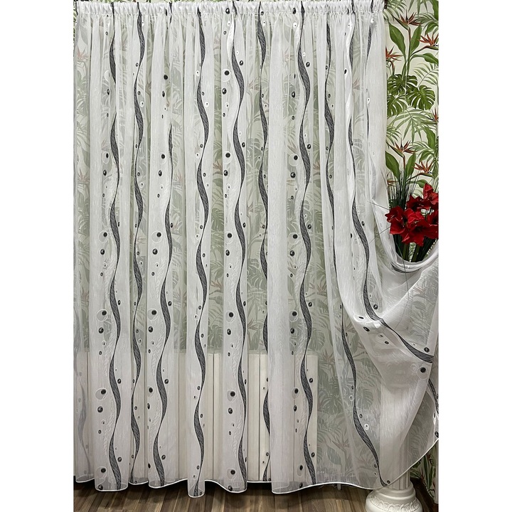 Perdea brodata mecanic, culoare alb/negru, din colectia "Lanoche" by Liz Line, 200x245cm, cu rejansa PD1722