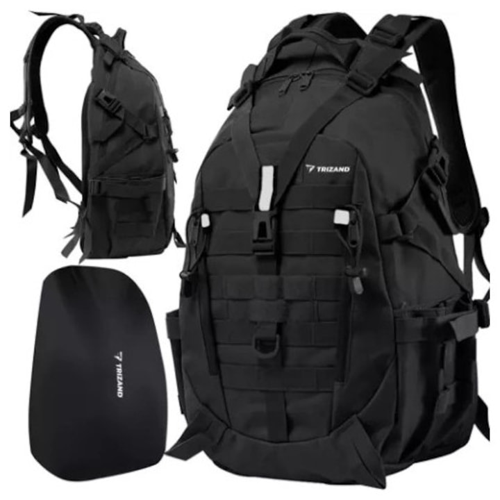Rucsac militar / drumetie TRIZAND 25 L, negru, curele reglabile, husa ploaie inclusa