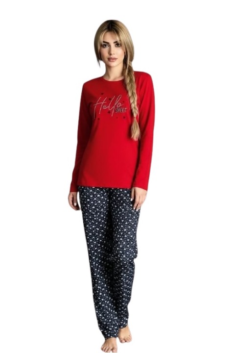Pijamale dama, 2 piese, bumbac cu poliester, hello sweety, rosu, marime M