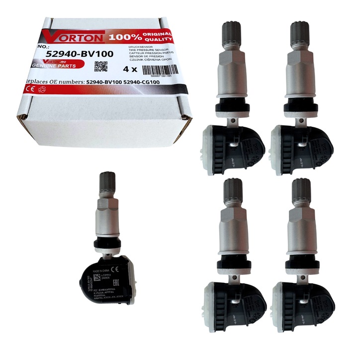 Set 4 Senzor de presiune in pneuri TPMS preprogramat VORTON Supapa roata argint pentru HYUNDAI Tucson IV NX4 (2020 - ), KIA Sportage V NQ5 (2021 - ) EV6 (2021 - ), 433 MHz, 52940-BV100 52940-CG100