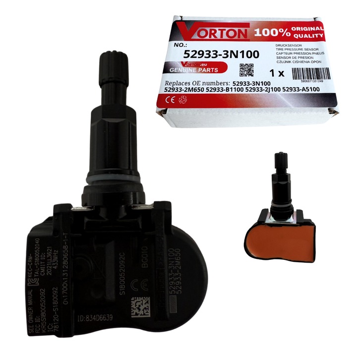 Senzor de presiune in pneuri TPMS preprogramat VORTON Supapa roata negru pentru HYUNDAI i20 I i30 ix20 Santa fe, KIA Ceed ProCeed Carens Picanto Optima Sorento Venga, 433 MHz 52933-2J100 52933-A5100