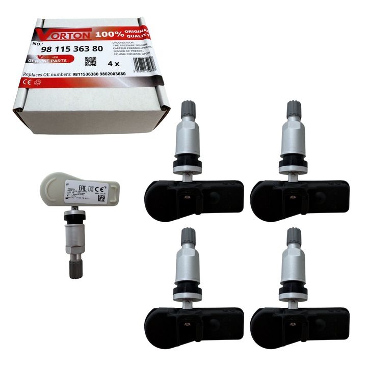 Set 4 Senzor de presiune in pneuri TPMS preprogramat VORTON Supapa roata argint pentru CITROEN Berlingo C4 C5 DS4 DS5 Jumpy, PEUGEOT 3008 508 RXH 5008 Partner Tepee RCZ, 433 MHz, 9811536380