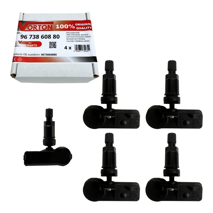 Set 4 Senzor de presiune in pneuri TPMS preprogramat VORTON Supapa roata negru pentru CITROEN Berlingo C4 C5 I DS4 DS5 Jumpy II, PEUGEOT 3008 508 5008 307 308 RCZ, 433 MHz 9673860880