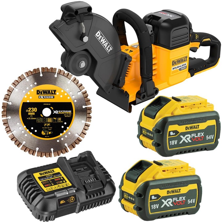 Fierastrau electric cu acumulator DeWALT DCS691X2, 230mm, 54V, 2 acumulatori 18/54V 9/3Ah, taiere beton si metal
