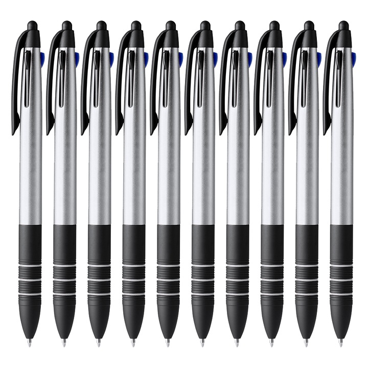 Set de 10 pixuri retractabile Sandur, corp din abs, trei mine, finisaje negre, buton touch screen, argintiu