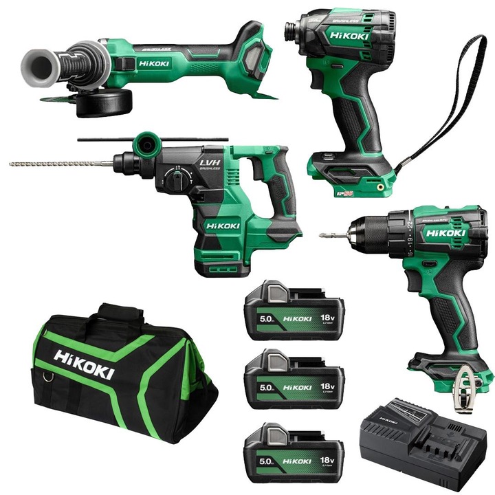 Set COMBO HiKOKI KC18DE, 4 unelte: Wkretarka DS18DE 18V, Zakretarka WH18DC 18V, Szlifierka G1813DA 18V, Mlotowiertarka DH1826DA 18V, 3x5Ah, Lacatusa, Torba