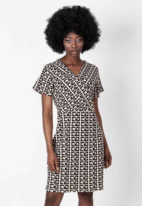 Дамска рокля, Perso, плетена, деколте тип прегърни ме, черно/бежово, памук