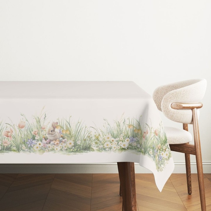 Húsvéti asztalterítő virágokkal, nyuszikkal és tojásokkal, 100% pamut, 140x220 cm, Lenjerii Deosebite, Tuli